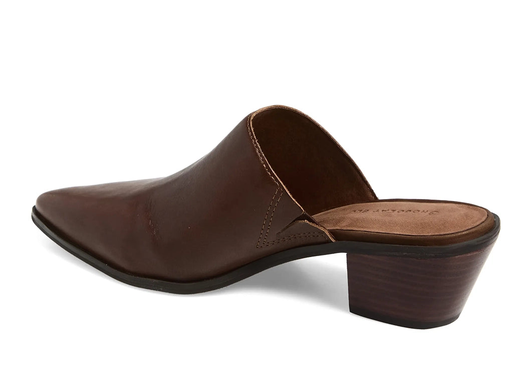 A dark brown leather pointed-toe mule  with a stacked block heel - inner side view