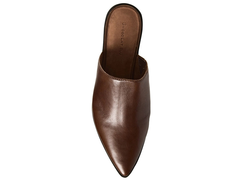 A dark brown leather pointed-toe mule  with a stacked block heel - top view