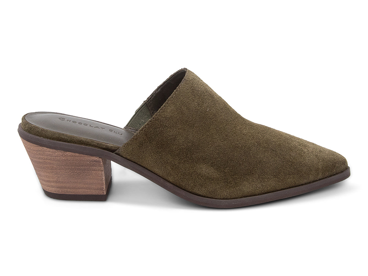 Forest suede pointed toe slide in shoe with block heel on a white background side view