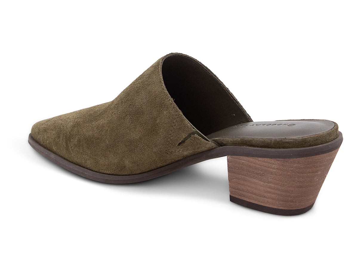 Forest suede pointed toe slide in shoe with block heel on a white background side angle view