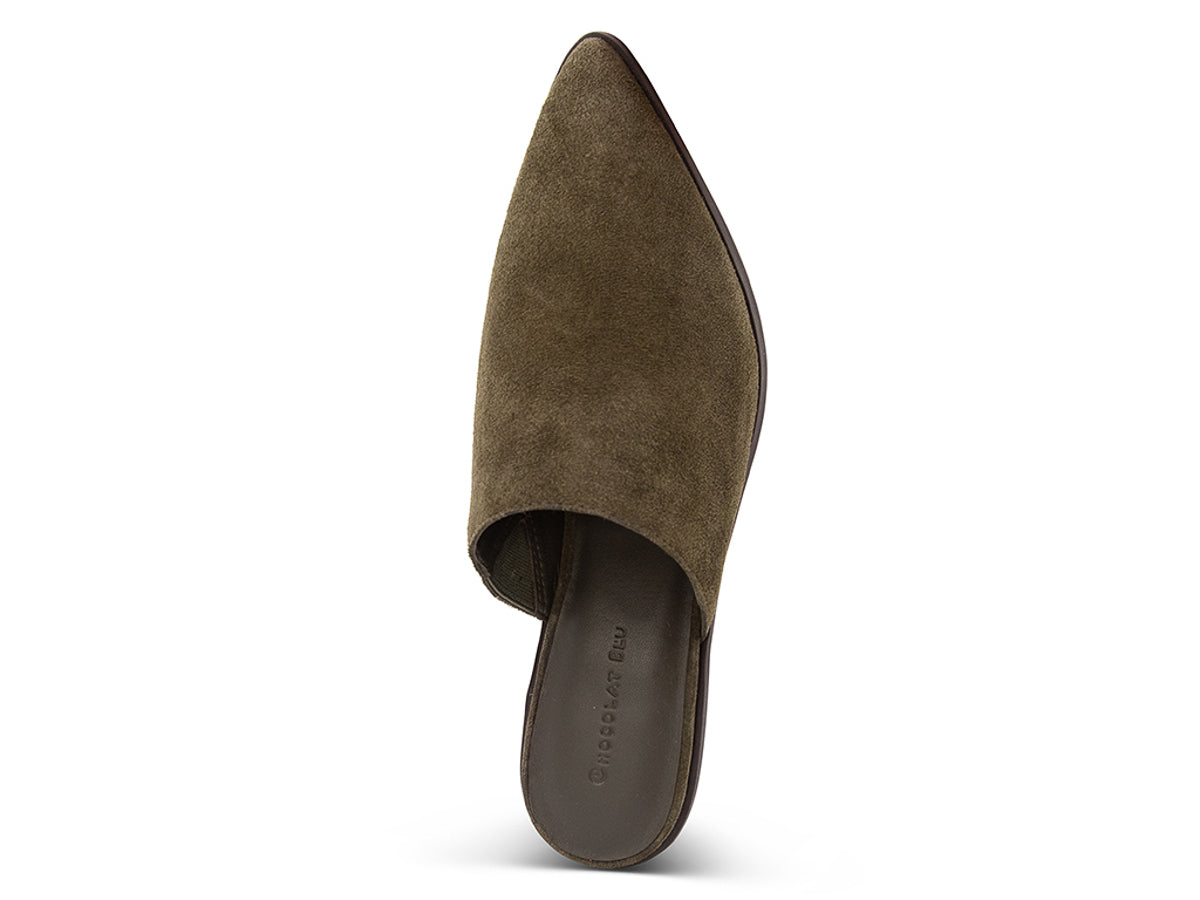 Forest suede pointed toe slide in shoe with block heel on a white background top view