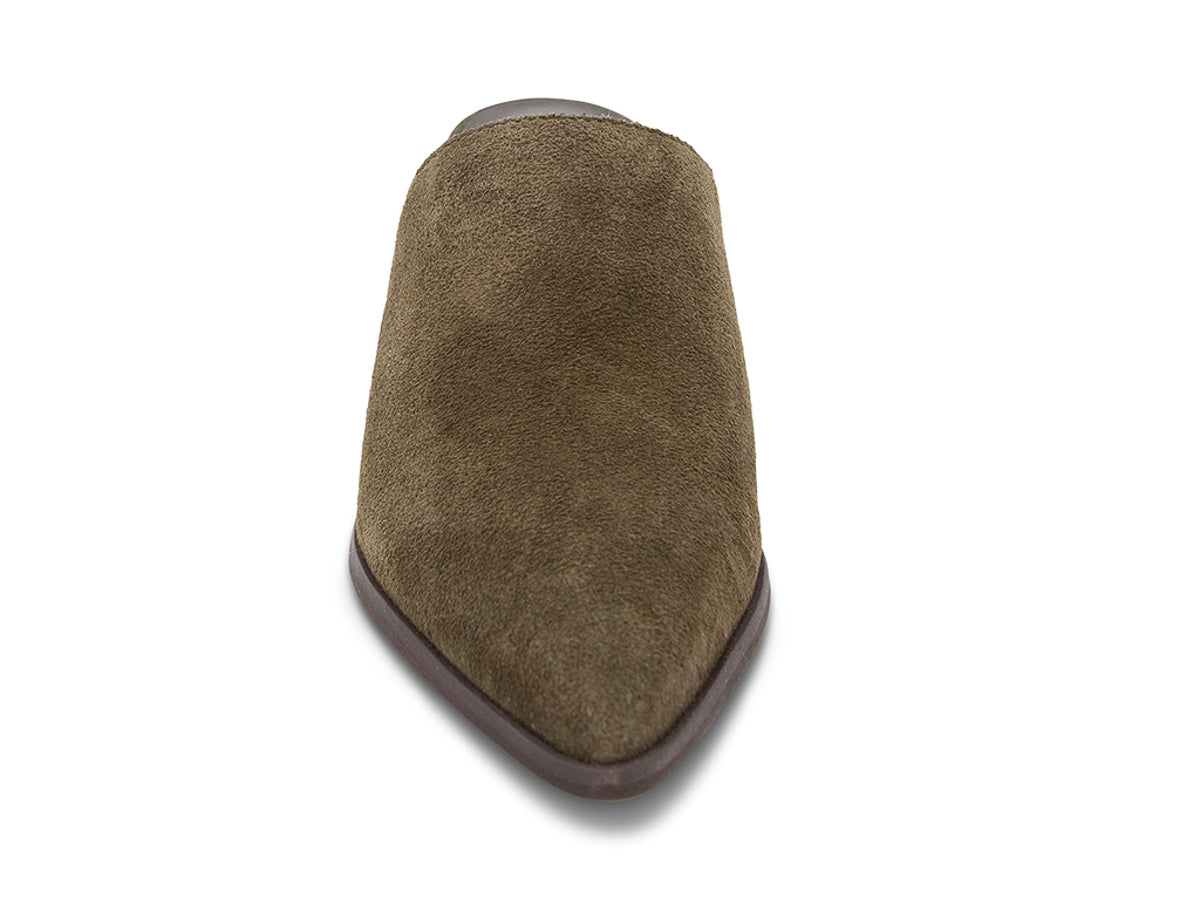 Forest suede pointed toe slide in shoe with block heel on a white background front view