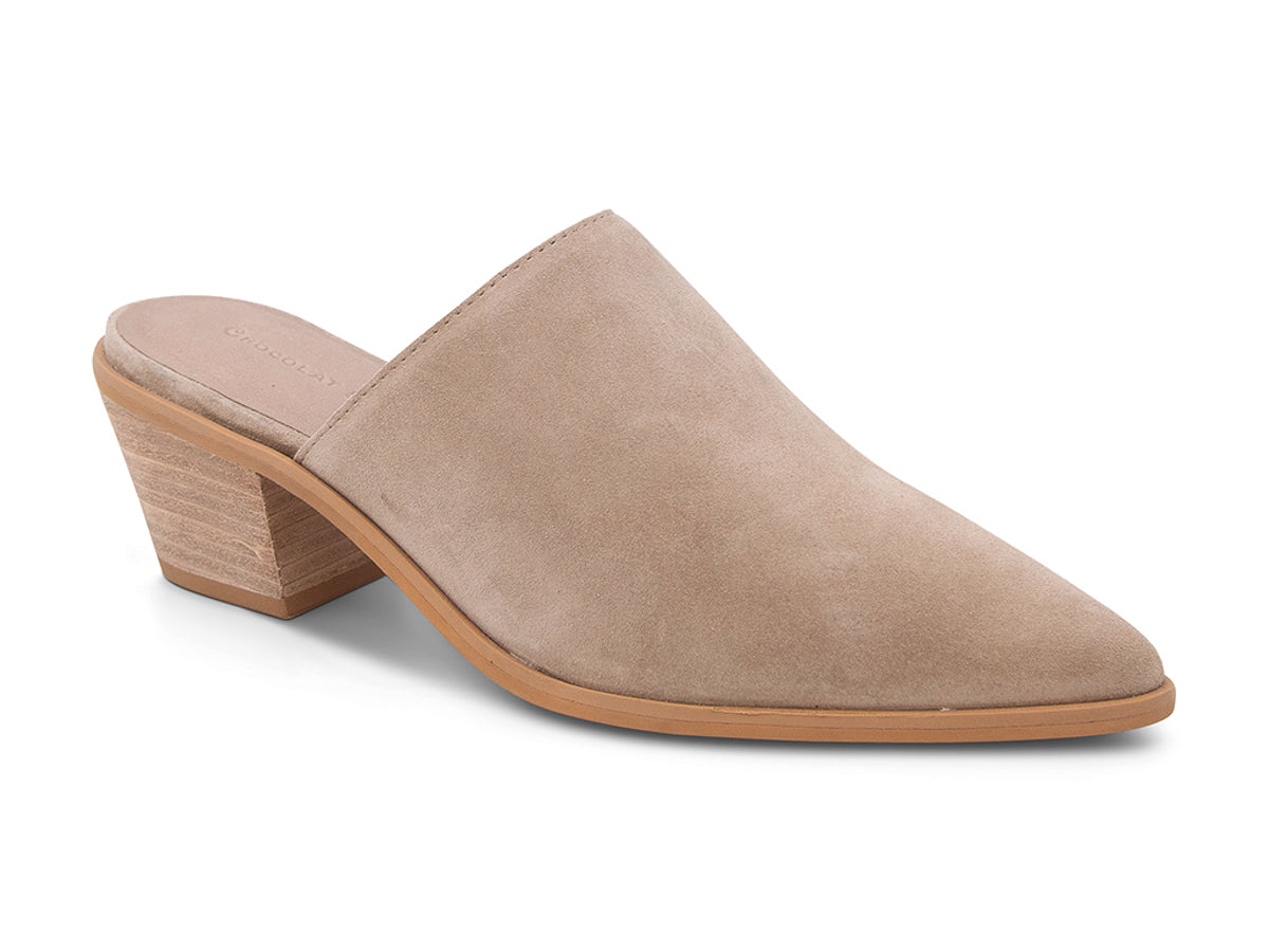 Latte suede pointed toe slide in shoe with block heel on a white background side angle view