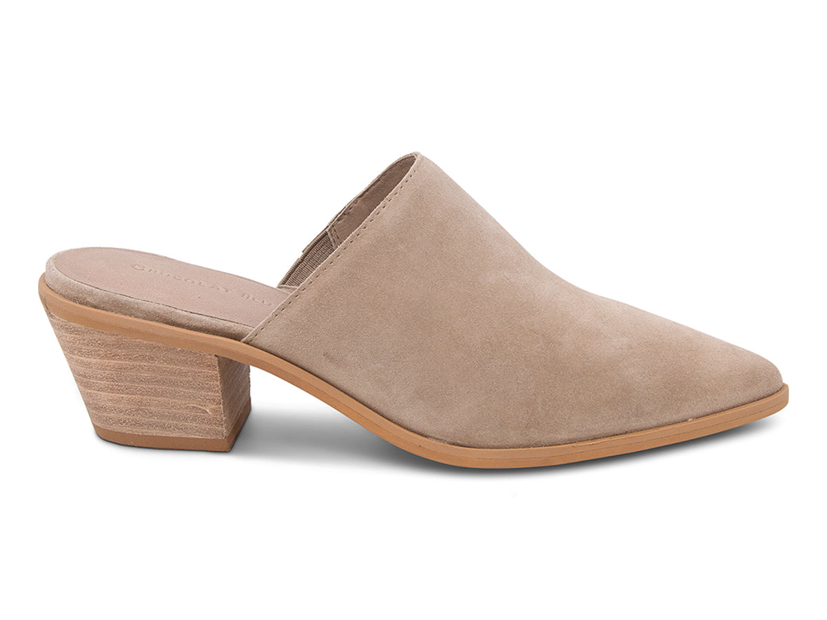 Latte suede pointed toe slide in shoe with block heel on a white background side view