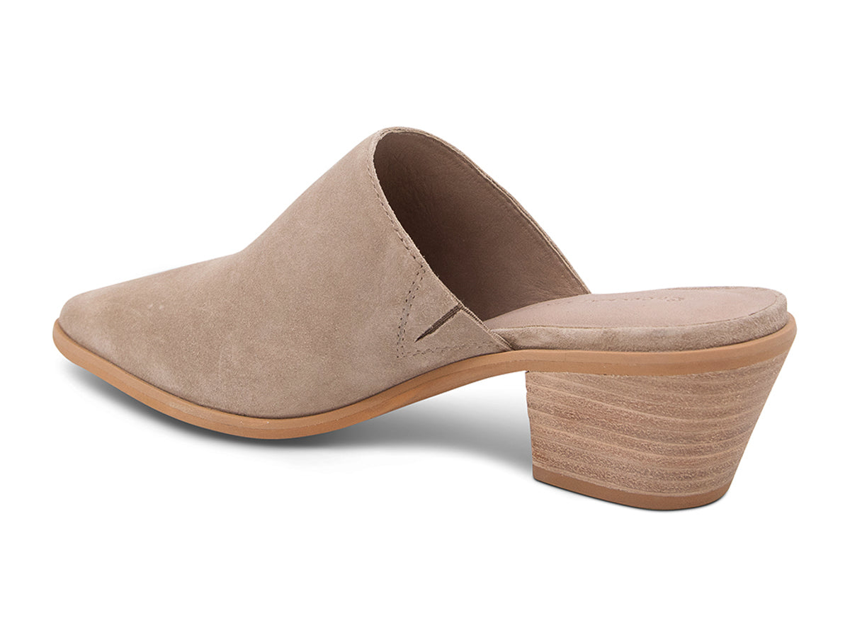 Latte suede pointed toe slide in shoe with block heel on a white background side angle view