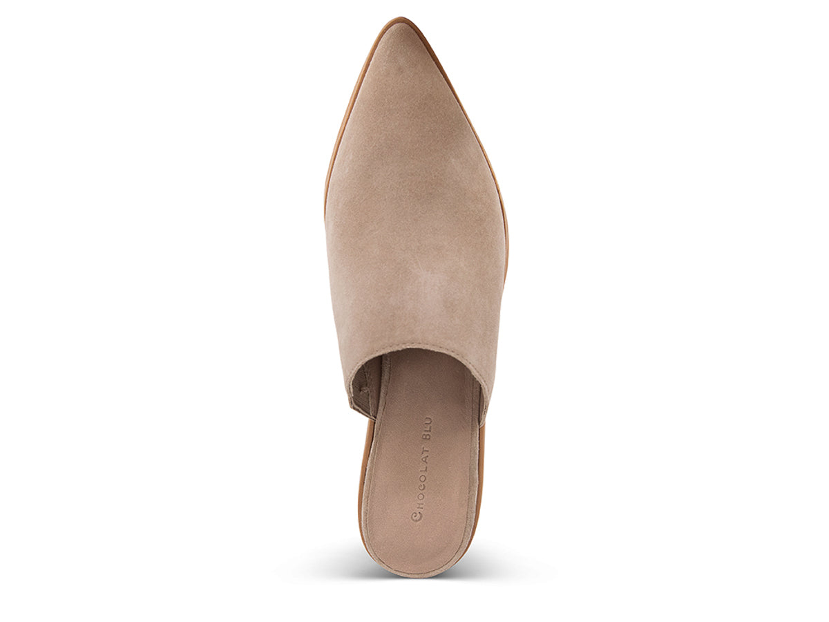 Latte suede pointed toe slide in shoe with block heel on a white background top view