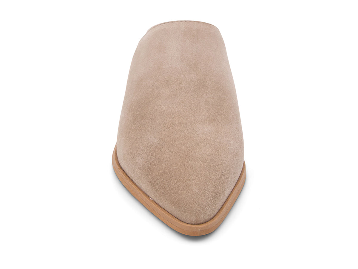 Latte suede pointed toe slide in shoe with block heel on a white background front view