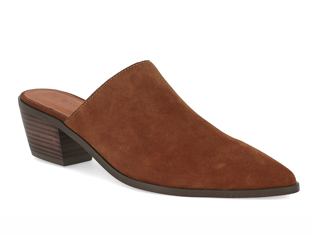 Rust suede pointed toe slide in shoe with block heel on a white background side angle view