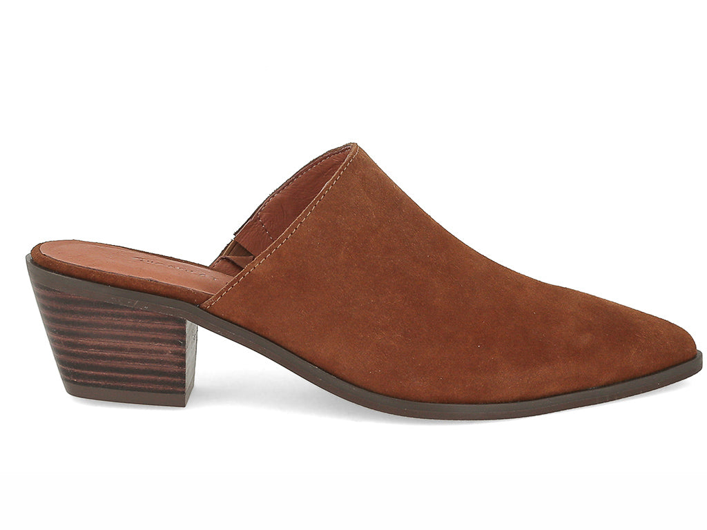 Rust suede pointed toe slide in shoe with block heel on a white background side view