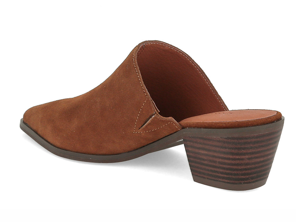 Rust suede pointed toe slide in shoe with block heel on a white background side angle view