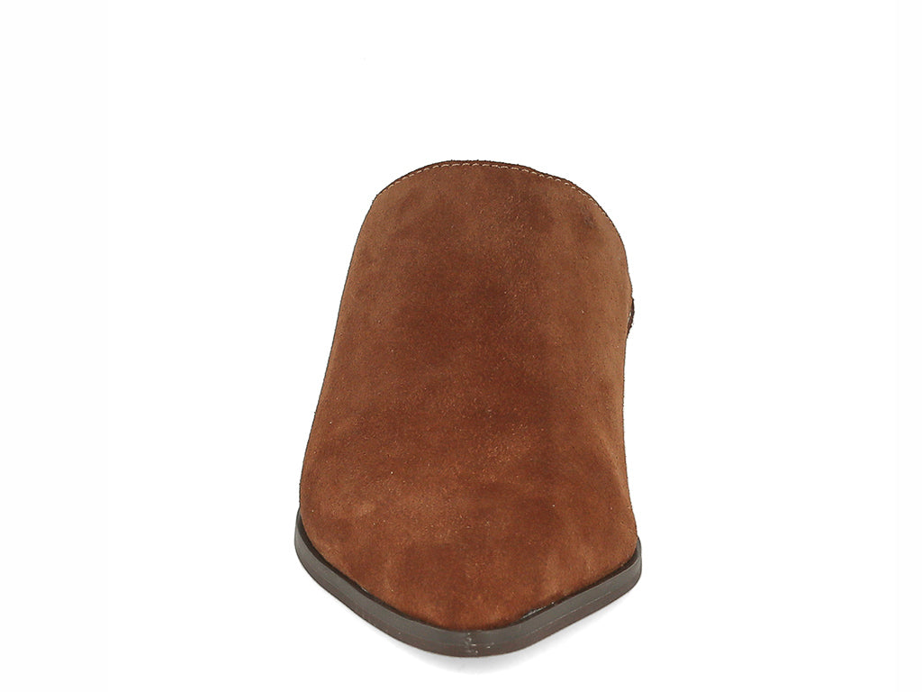 Rust suede pointed toe slide in shoe with block heel on a white background front view
