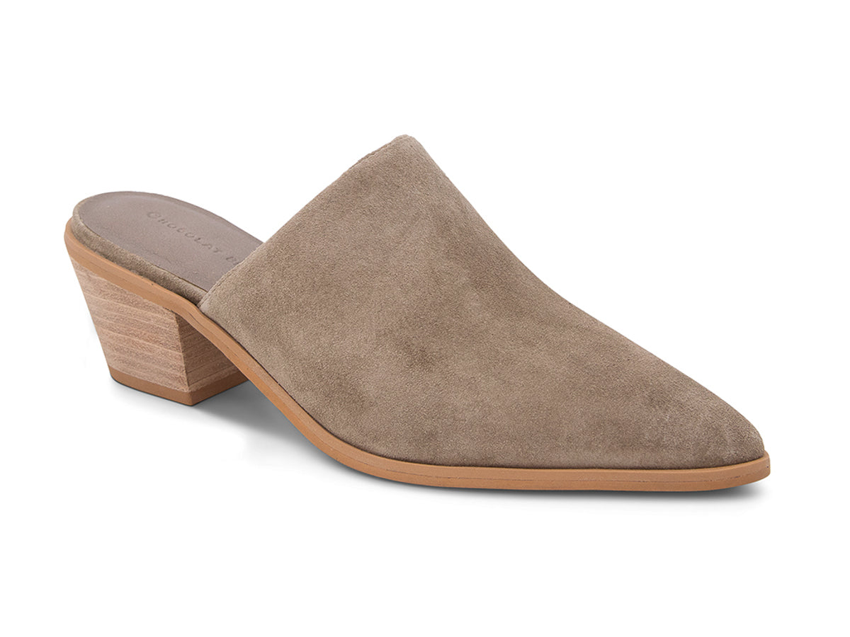 Taupe suede pointed toe slide in shoe with block heel on a white background side angle view