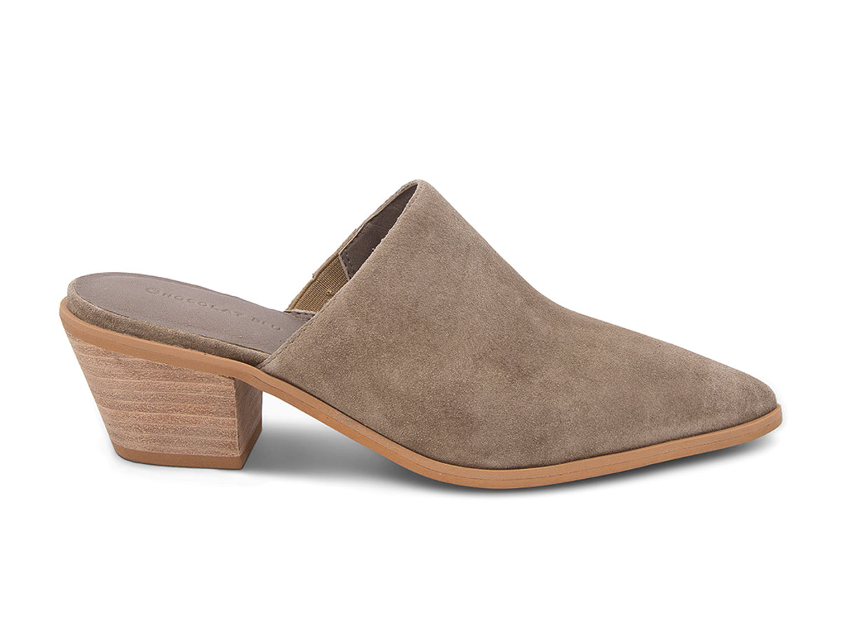 Taupe suede pointed toe slide in shoe with block heel on a white background side view