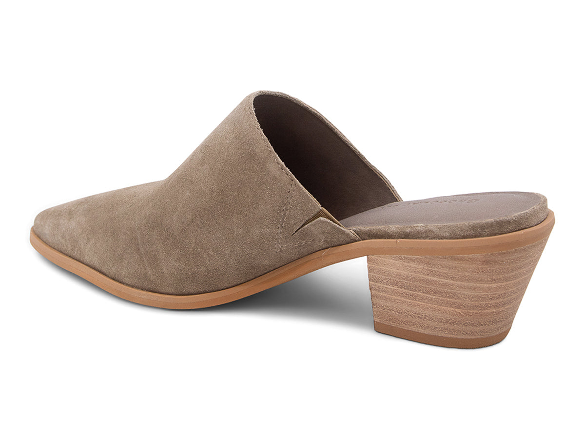 Taupe suede pointed toe slide in shoe with block heel on a white background side angle view