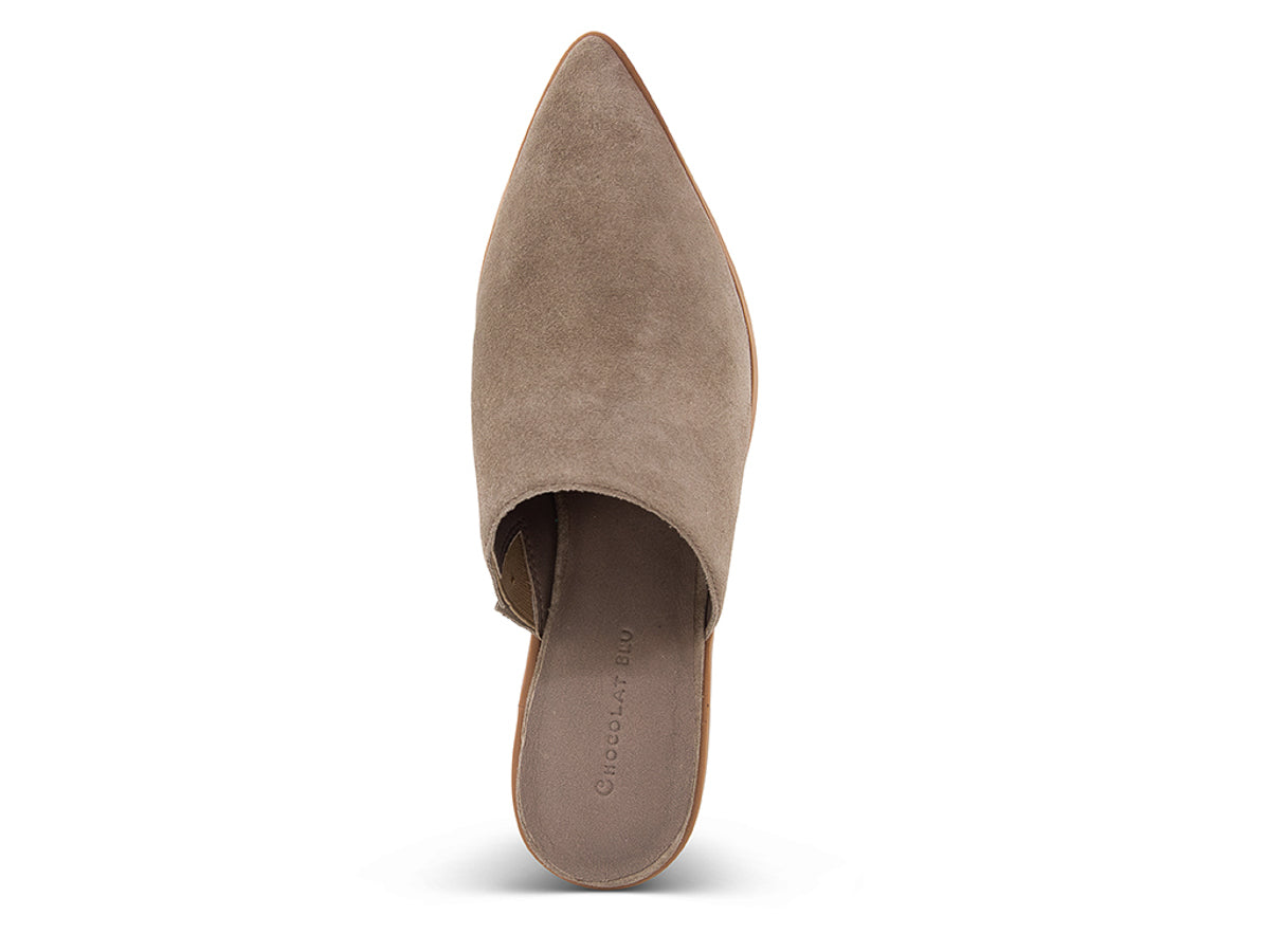 Taupe suede pointed toe slide in shoe with block heel on a white background top view
