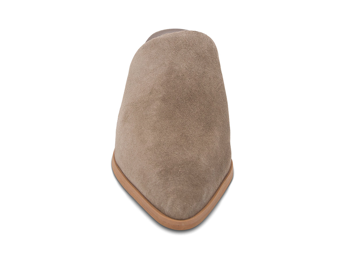 Taupe suede pointed toe slide in shoe with block heel on a white background front view