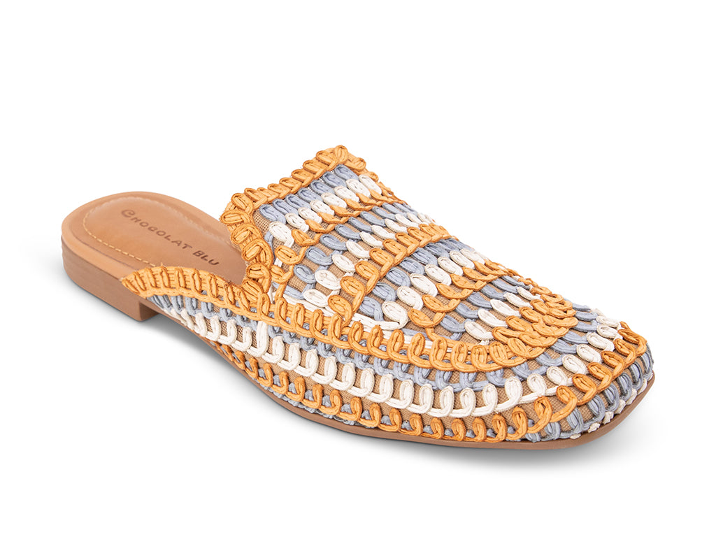 orange-blue- white woven patterned mule on a low heel