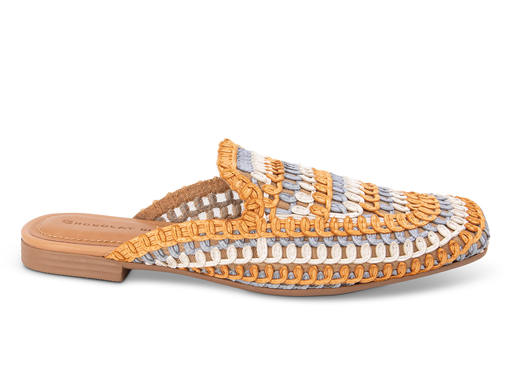 orange-blue- white woven patterned mule on a low heel - side view