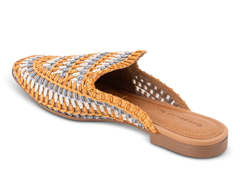 orange-blue- white woven patterned mule on a low heel - view from the back