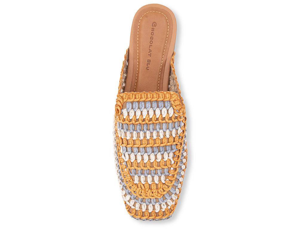orange-blue- white woven patterned mule - view from the top