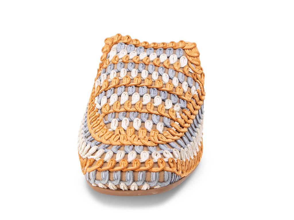 orange-blue- white woven patterned mule - view from the front