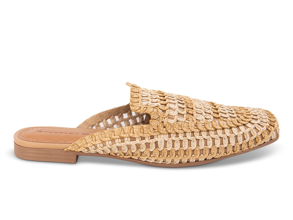 woven patterned mule on a low heel - side view