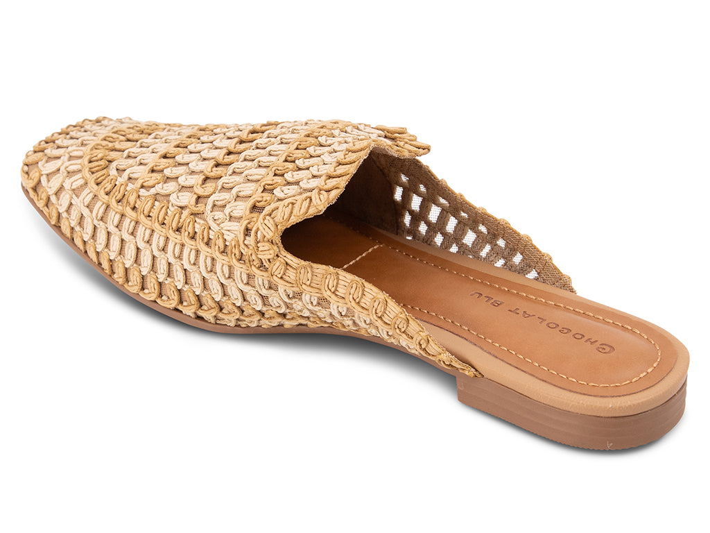 woven patterned mule on a low heel - view from the back