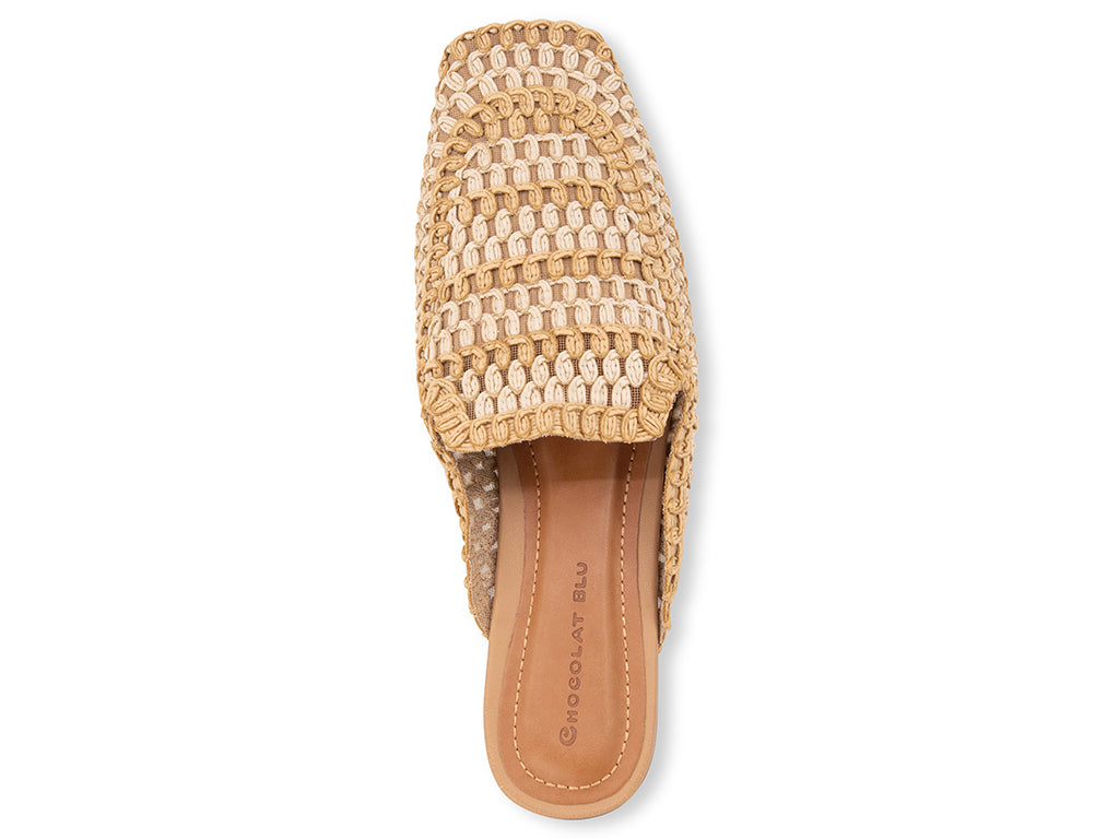 orange-blue- white woven patterned mule on a low heel - view of the top of the shoe