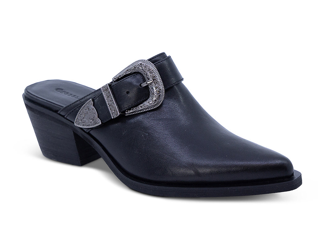 black leather mule with block heel and western inspired buckle - front 3/4 view