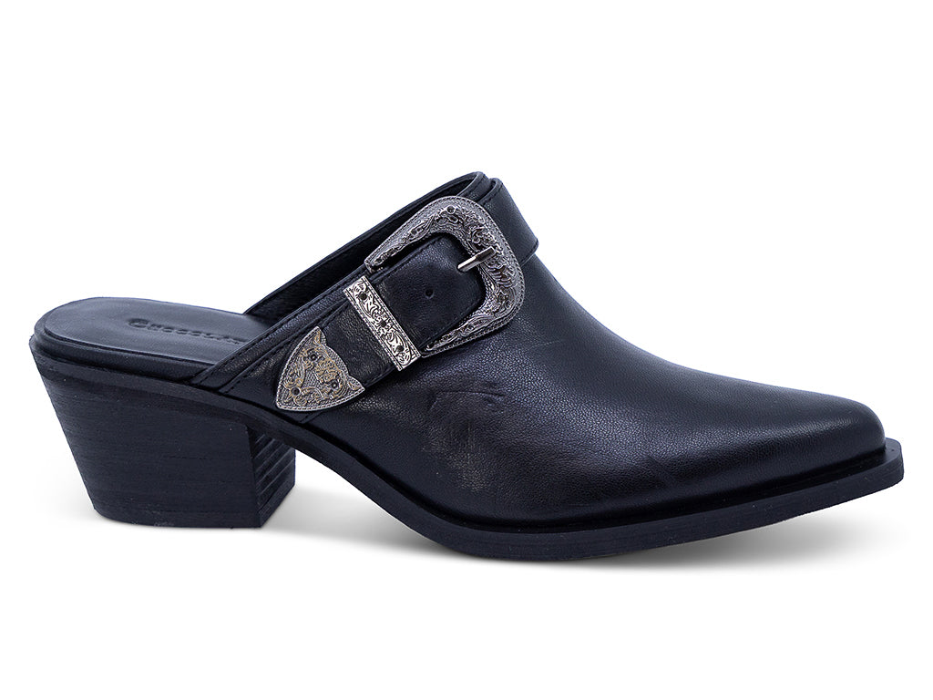 black leather mule with block heel and western inspired buckle - outer side view