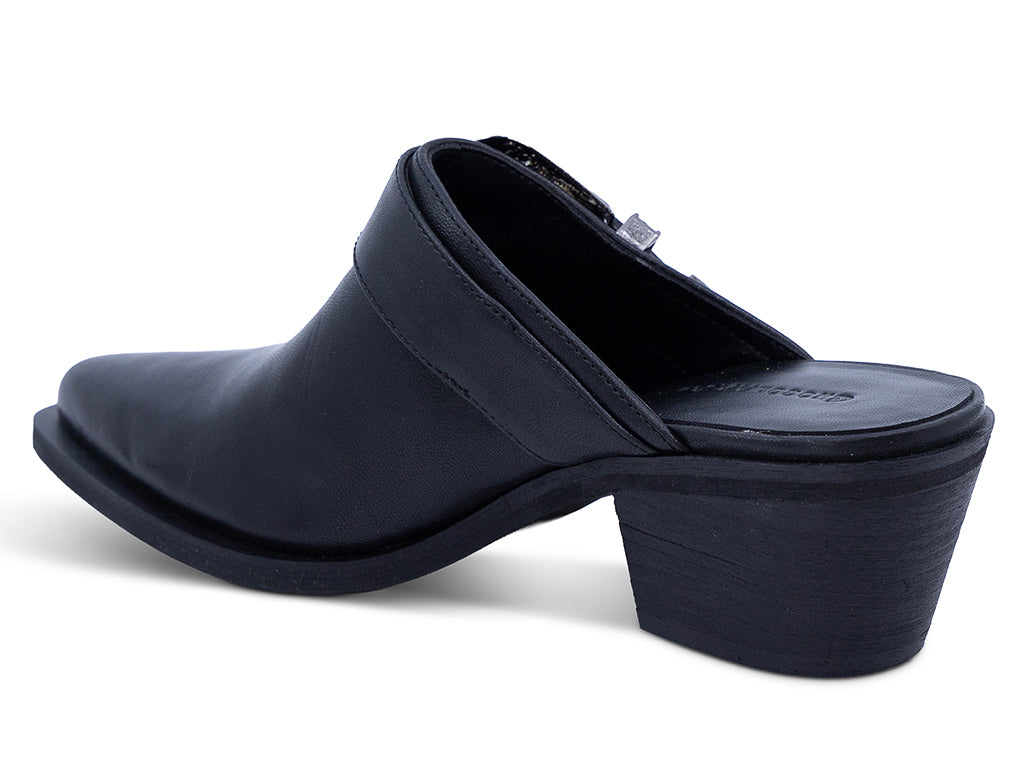black leather mule with block heel and western inspired buckle - inner side view