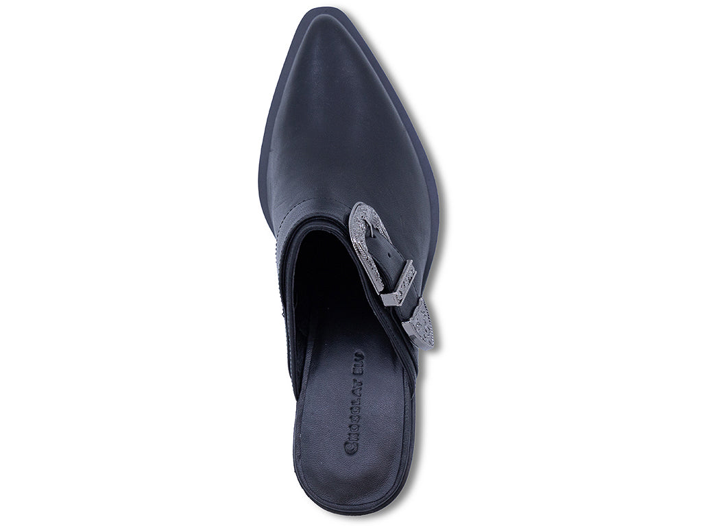 black leather mule with block heel and western inspired buckle - top view