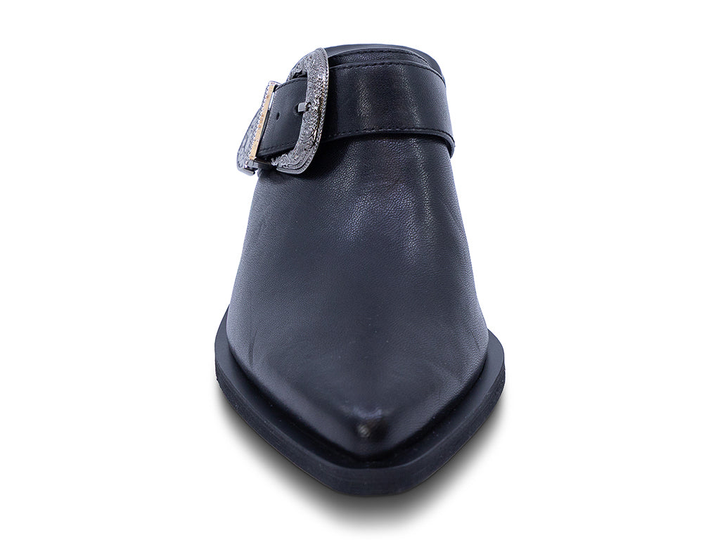 black leather mule with block heel and western inspired buckle - front view