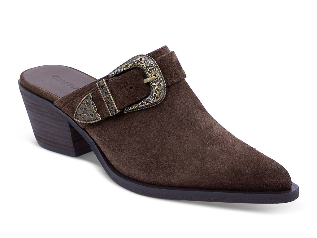 chocolate suede mule with block heel and western inspired buckle - front 3/4 view