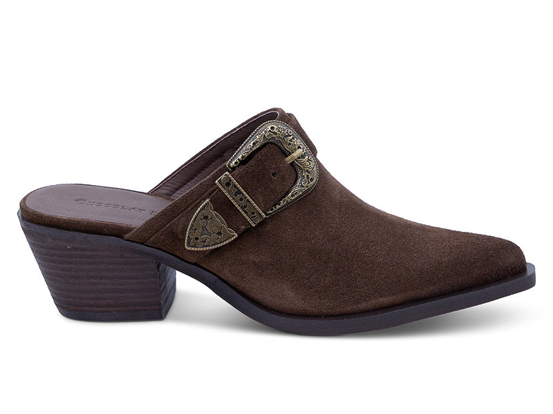 chocolate suede mule with block heel and western inspired buckle - outer side view