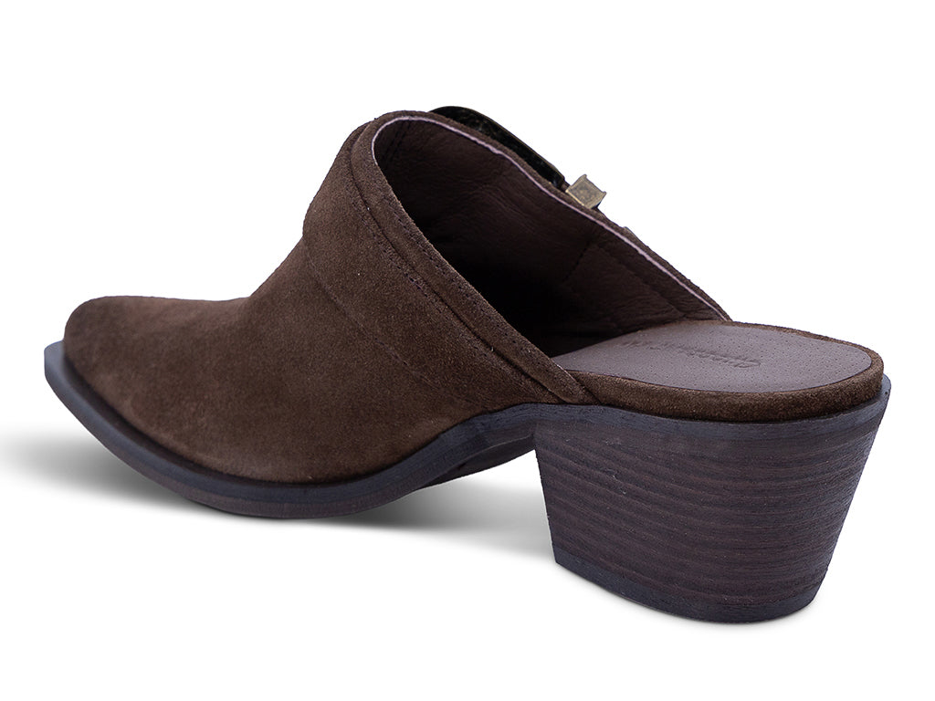 chocolate suede mule with block heel and western inspired buckle - inner side view