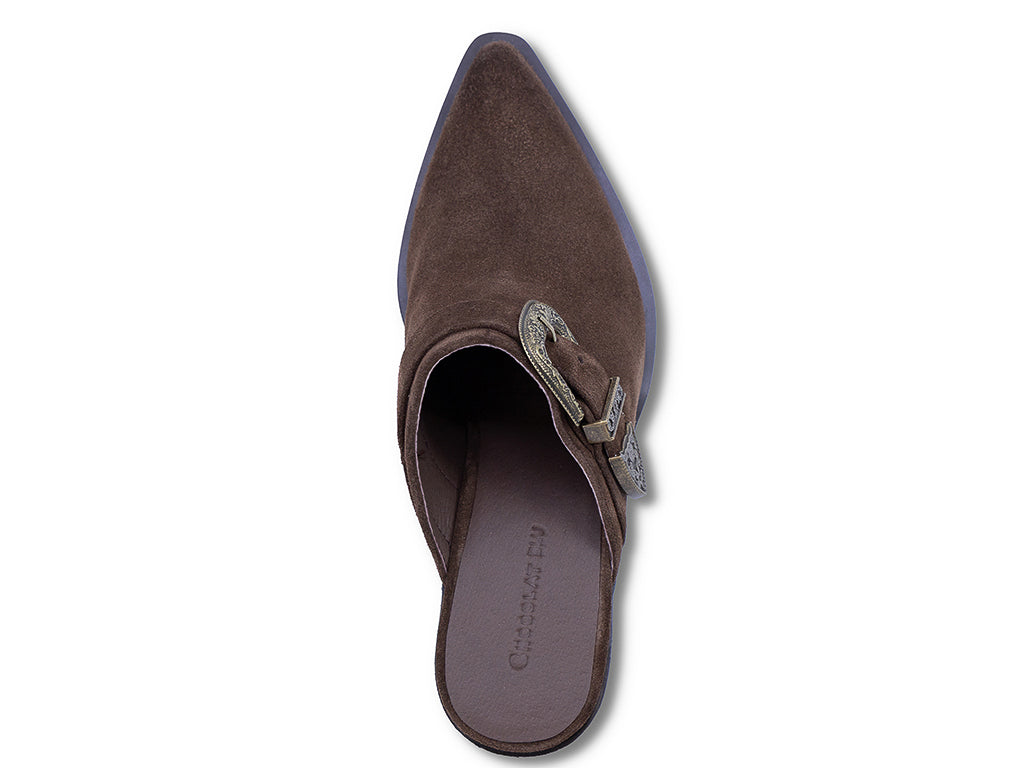 chocolate suede mule with block heel and western inspired buckle - top view