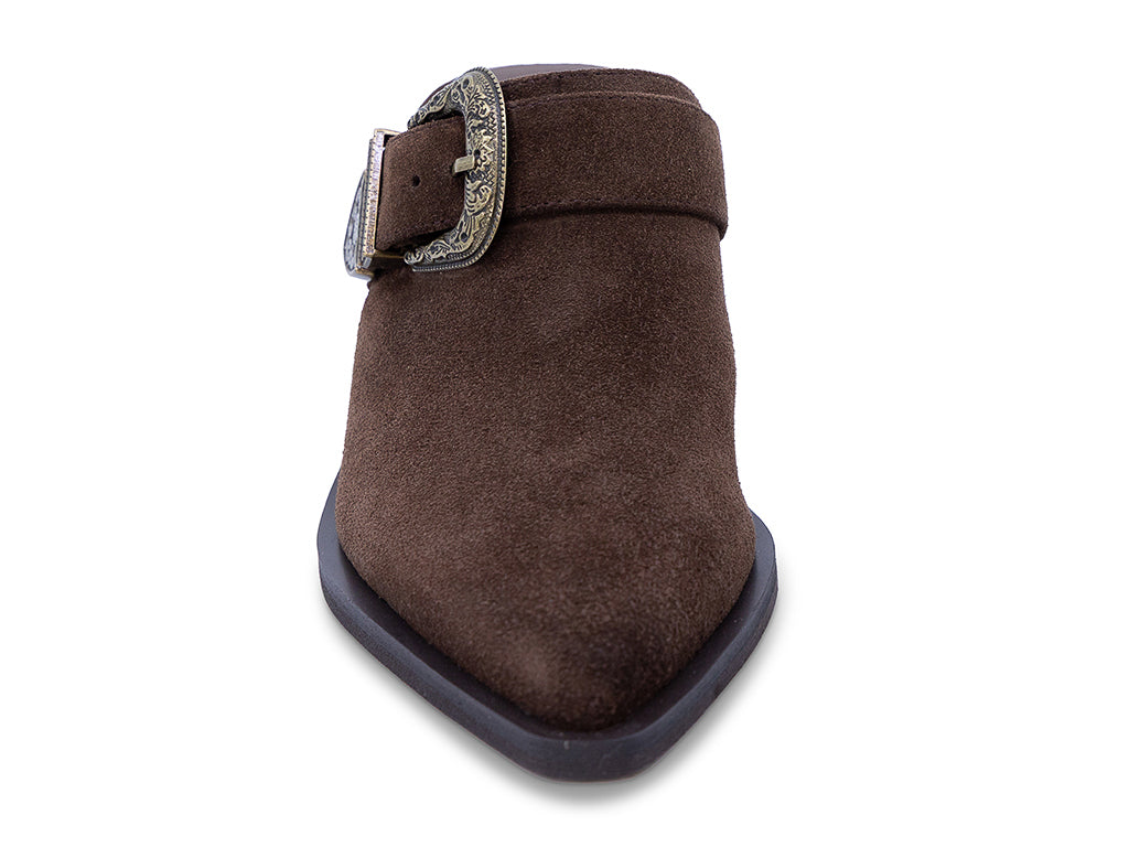 chocolate suede mule with block heel and western inspired buckle - front view