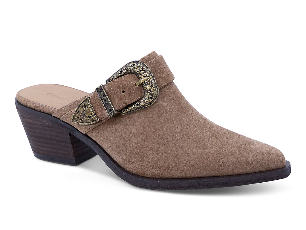 toffee suede mule with block heel and western inspired buckle - front 3/4 view