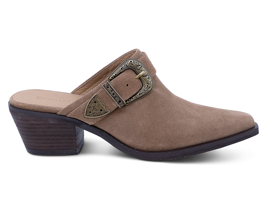toffee suede mule with block heel and western inspired buckle - outer side view