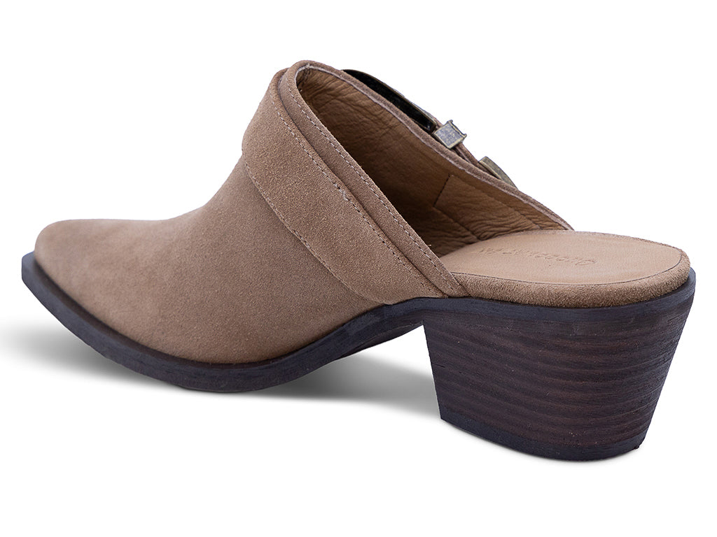 toffee suede mule with block heel and western inspired buckle - inner side view