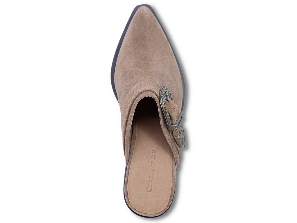 toffee suede mule with block heel and western inspired buckle - top view