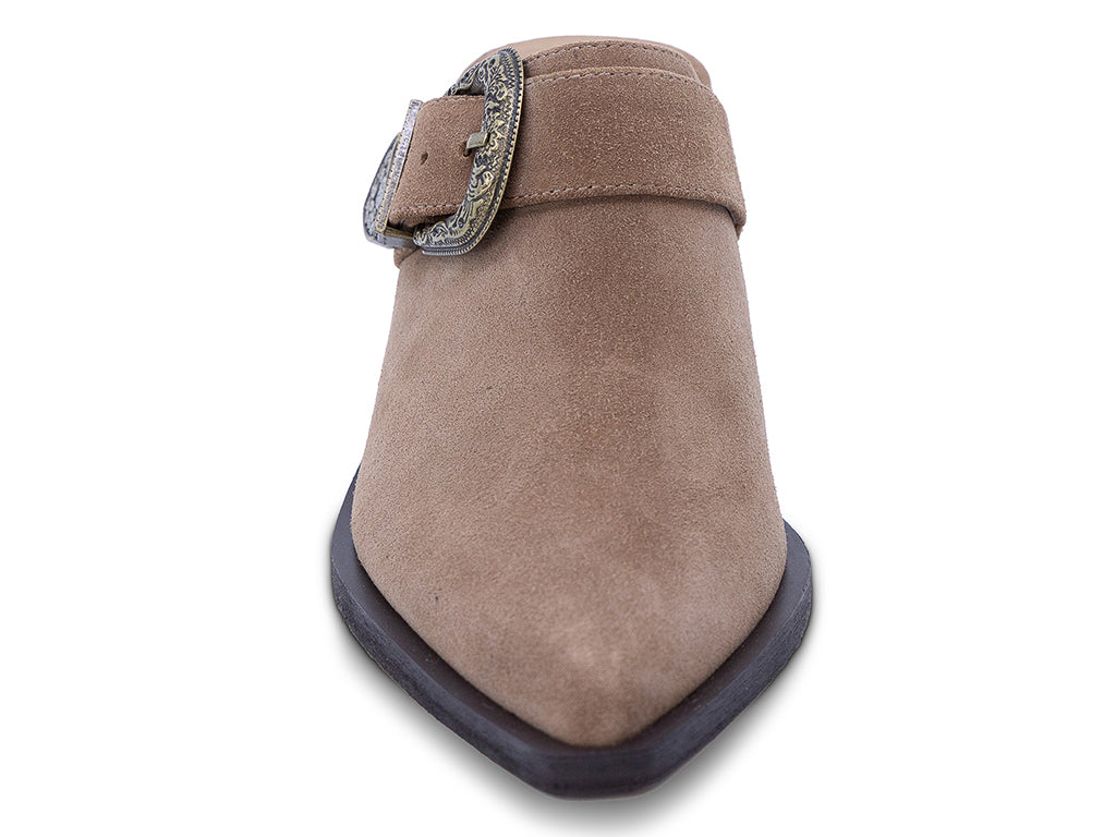 toffee suede mule with block heel and western inspired buckle - front view