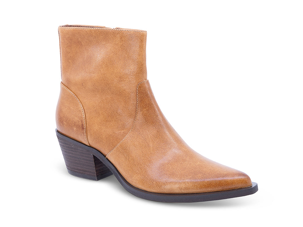 A caramel-colored leather ankle boot with a pointed toe and a low block heel - front 3/4 view