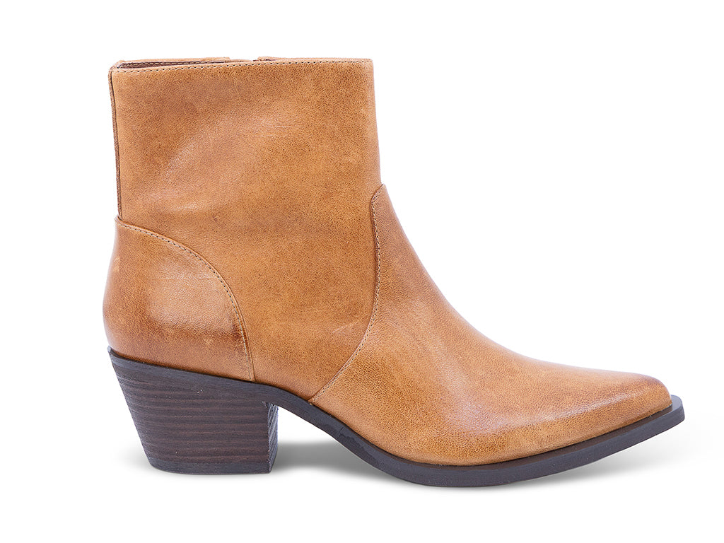 A caramel-colored leather ankle boot with a pointed toe and a low block heel - outer side view