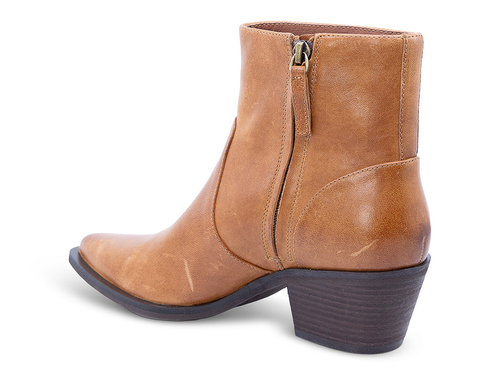 A caramel-colored leather ankle boot with a pointed toe and a low block heel - inner sideview