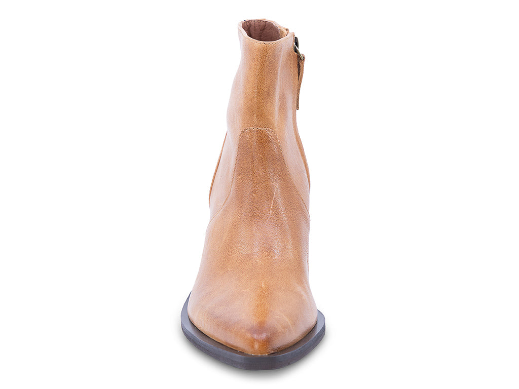 A caramel-colored leather ankle boot with a pointed toe and a low block heel - front view