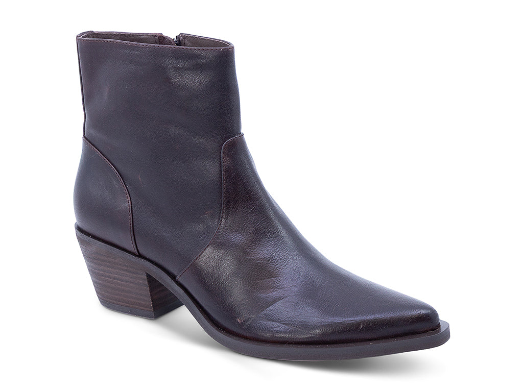 A dark brown leather ankle boot with a pointed toe and a low block heel - front 3/4 view