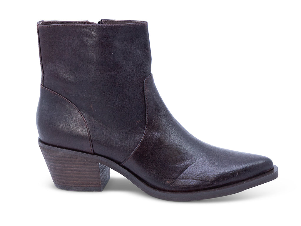 A dark brown leather ankle boot with a pointed toe and a low block heel - outer side view