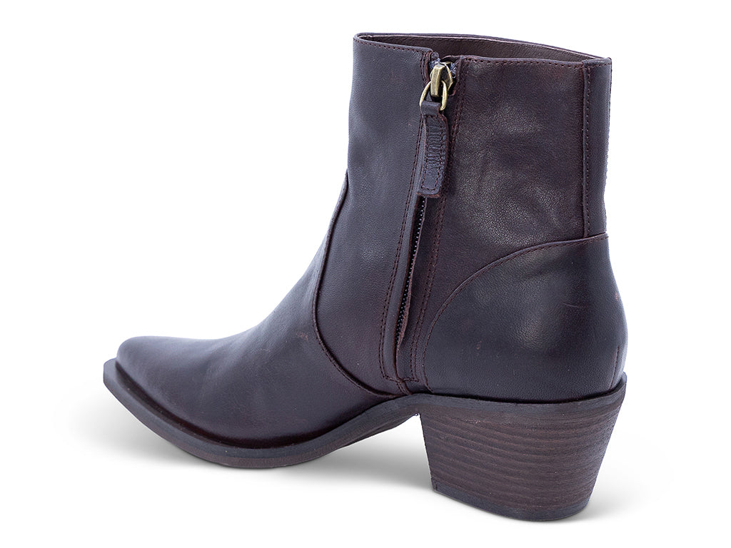 A dark brown leather ankle boot with a pointed toe and a low block heel - inner side view